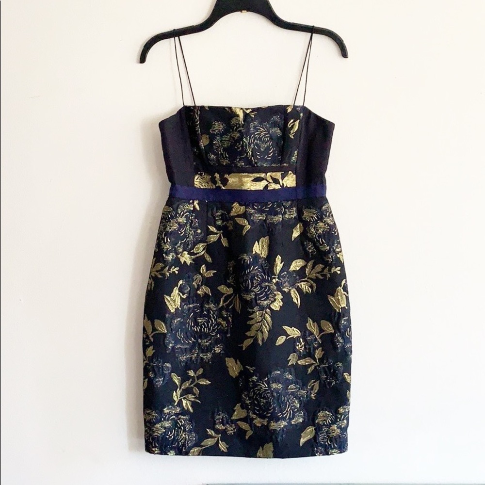 Elie Tahari Navy Gold Metallic Leaf Brocade Dress size 2